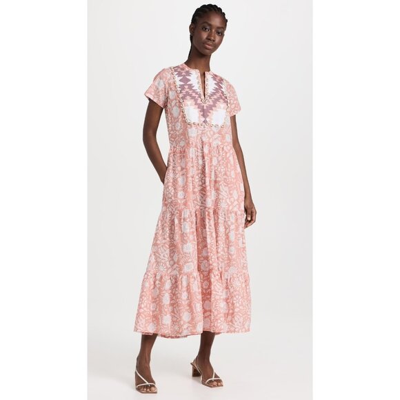 NWT Marea by Liz Joy Olympia Kaftan in Sorbet Blockprint Cotton Maxi Dress S - Picture 1 of 9